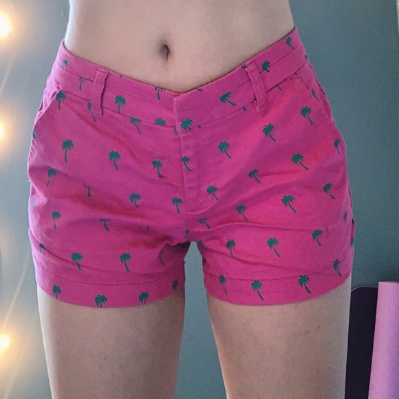 Pink Shorts with Green Palm Tree Design - Picture 1 of 2
